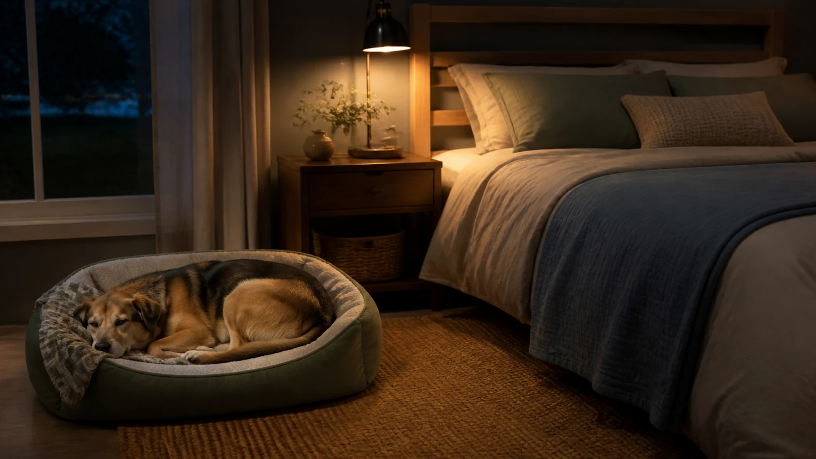 Perro descansando en su propia cama junto a un dormitorio tranquilo
