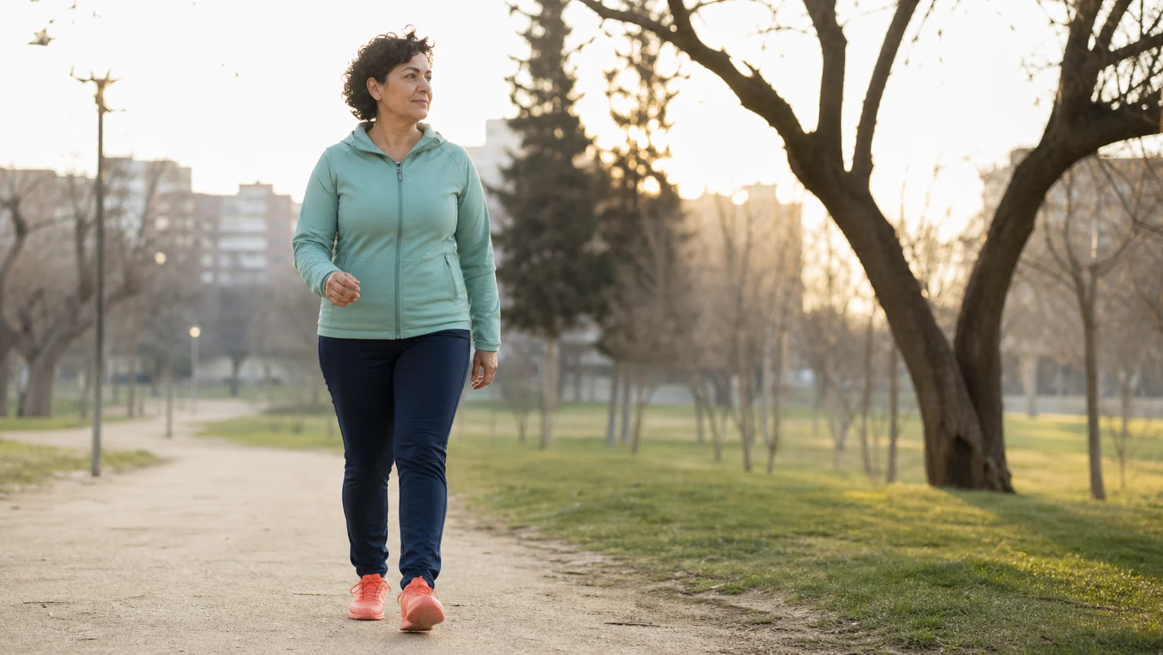Mujer adulta caminando con ropa cómoda por un parque urbano al amanecer