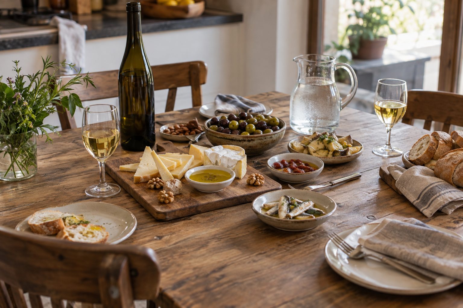 Mesa con pequeños platos de queso, aceitunas, conservas y pan junto a vino y agua