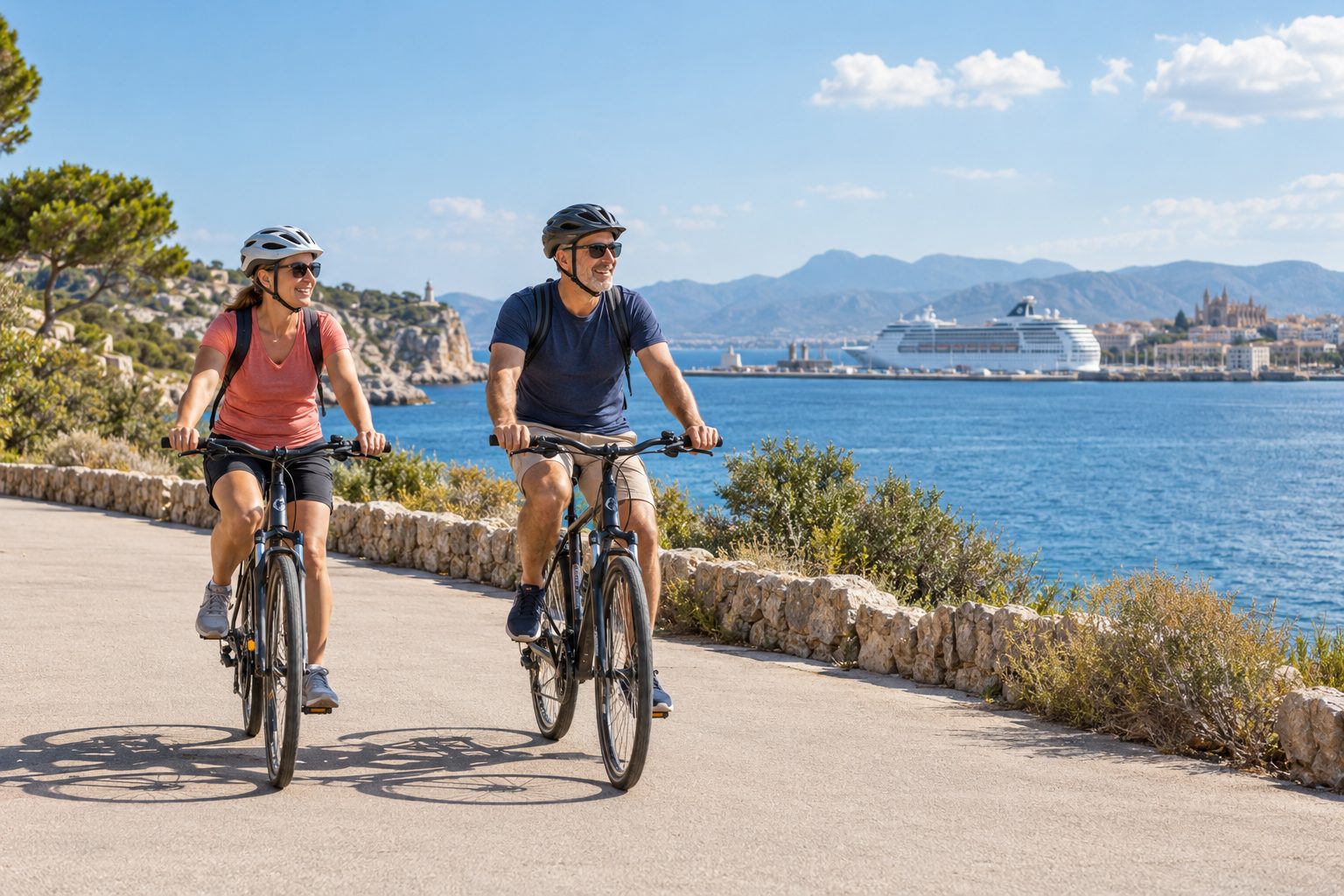 Dos ciclistas con casco recorren un paseo costero mediterráneo con un crucero atracado al fondo